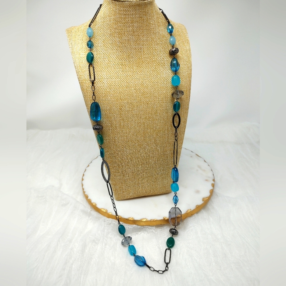 Lia Sophia long silver and blue mixed media chunky bead necklace